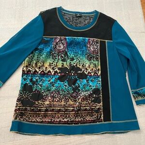 [XL]Tribal Teal and Black Burnt Velvet Mesh Women's LS Floral Blouse